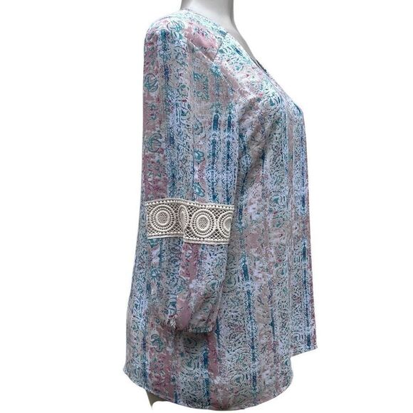 Krazy Kat Tunic Blouse Women's Large Pastel Floral Crochet Lace Trim 3/4 Sleeve - Picture 5 of 14